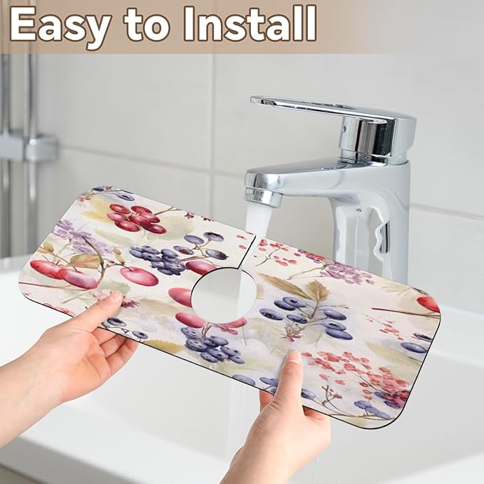 Watercolor Berry Cluster Kitchen Faucet Mat Splash Guard, 15.4”x5.7” Absorbent Quick Drying Sink Mat for Countertop Protection, Draining Mat Sink Protectors For Kitchen Bathroom, 2 Pack