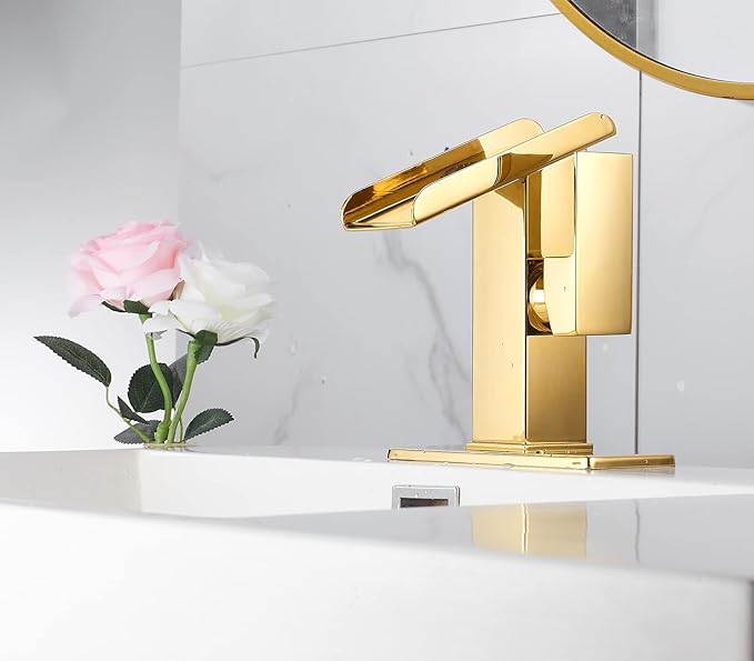 Gold Bathroom Faucets LED Waterfall Spout One Hole RGB 3 Colors Light Changing Lavatory Vanity Sink Faucet Brass Single Handle Modern Washbasin Bath Basin Tap Contemporary with Water Supply Lines