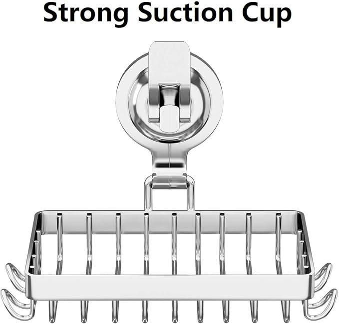 Soap Holder Shower, Suction Cup Soap Dish for Shower with 4 Hooks, 304 Stainless Steel, Silver