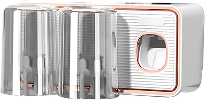 Toothbrush Holder with Toothpaste Dispenser, Wall Mounted Tooth Brush Organizer with 2 Brush Slots, Self Adhesive Toothbrush Holder for Shower (White)