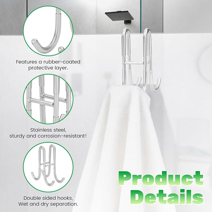 2 Pack Double-Sided Towel Hooks for Shower Door, 304 Stainless Steel, Over Bathroom Frameless Glass Door Rack Hooks for Loofah Robe Shaver, Silver