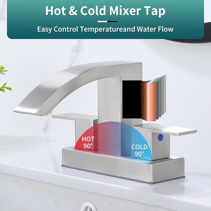 4 Inch Centerset Bathroom Faucet, 2-Handle Waterfall Sink Faucet 3 Hole, Brushed Nickel Vanity Faucet with Pop Up Drain & cUPC Supply Hoses,Waterfall Bathroom Faucet for Lavatory
