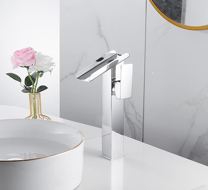 Chrome Bathroom Faucet LED 3 Color Changing Light Waterfall Vessel Sink Faucets Single Handle One Hole Bowl Sink Faucet Vanity Lavatory Deck Mount Bath Mixer Tap Tall Body Modern with Supply Lines