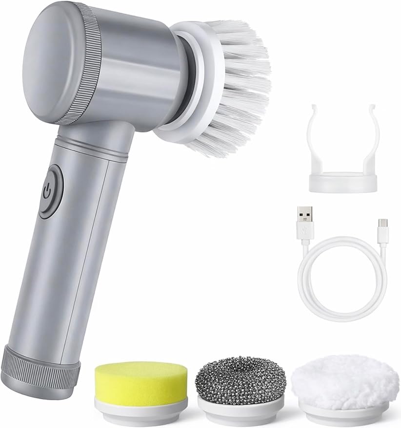 Electric Power Scrubber Set with 5 Brush Heads, USB Rechargeable Cleaning Brush for Bathroom, Kitchen, Car, Window, Includes Sponge, Steel Wire, Soft Brush, Lamb Fleece Attachments