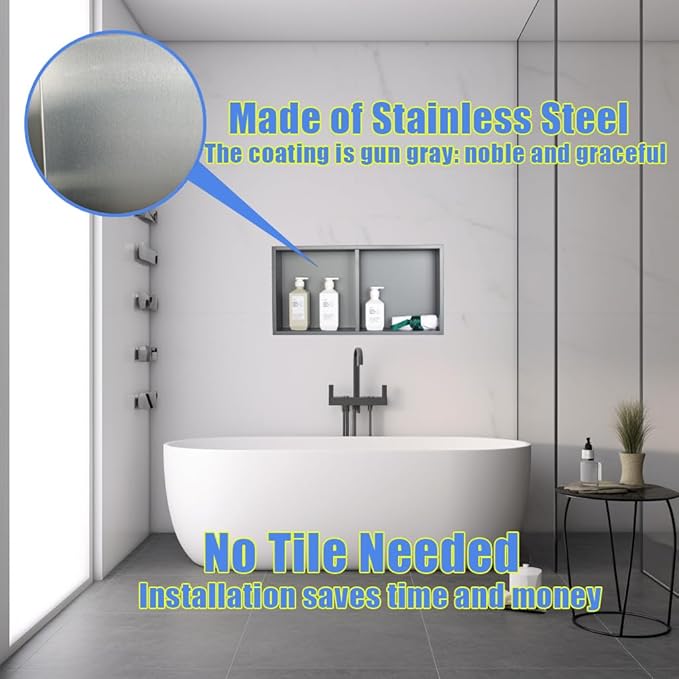 No Tile Ready Gunmetal Shower Niche,Stainless Steel Shower Wall Niche Inserts(Gery, 24 * 12 in)