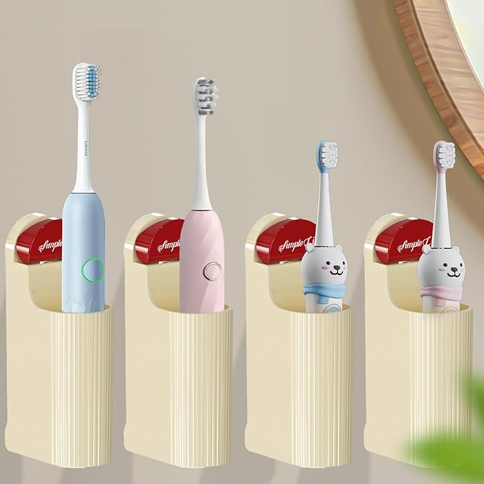 4 Pack Electric Toothbrush Holders for Bathroom, Wall Mounted Clear Electric Toothbrush Organizer, Self Adhesive Bathrooms Toothbrush Storage for Shower, Saving Space and Keep Drying (Cream)