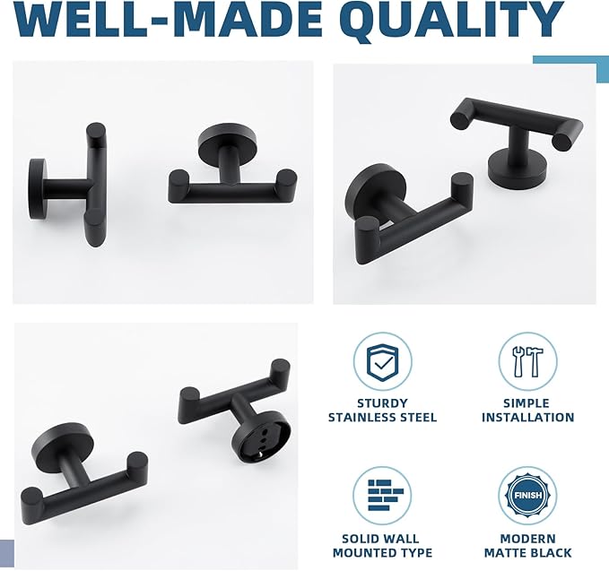 APLusee Matte Black Double Towel Hook 2 Pack, Stainless Steel Clothes Hook, Wall Mounted