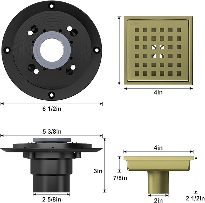 4 Inch Square Shower Drain, Shower Floor Drain with with Removable Square Hole Cover, 304 Stainless Steel Bathroom Drains with Flange (Brushed Bronze)