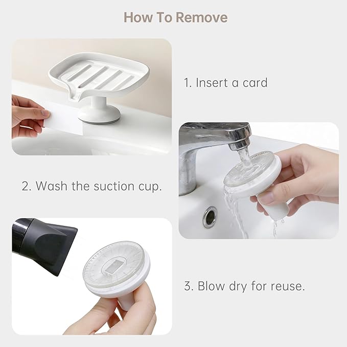Self-Draining Soap Dish with Suction Cup, Stand Bar Soap Holder, No Drill Removable Sponge Tray for Shower, Bathroom, Kitchen Sink, Easy to Clean & Keeps Dry, White