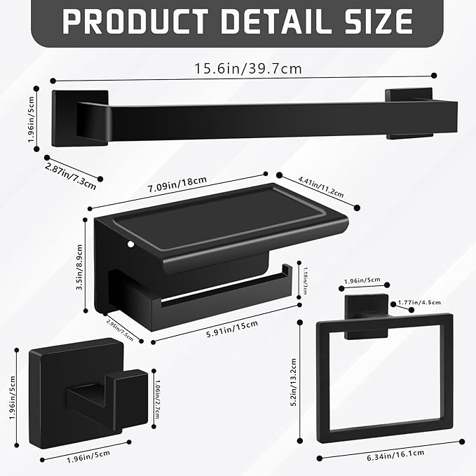 Matte Black Bathroom Hardware Accessories Set of 5 Pieces, 15.6 Inch Bath Towel Bar Set, 304 Stainless Steel Bathroom Hardware Set, Towel Racks for Bathroom Wall Mounted