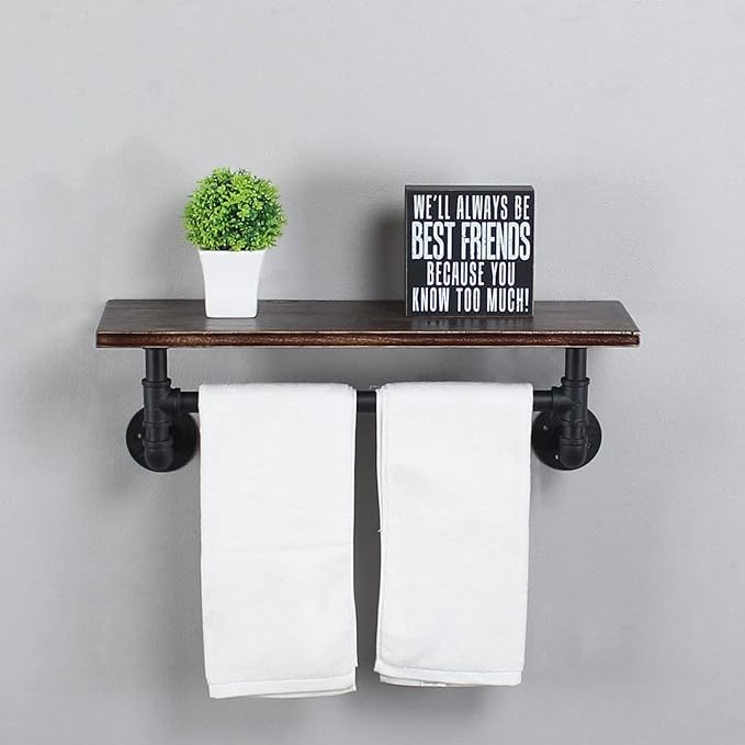MBQQ Retro Black Shelving Bathroom Pipe Shelves with Towel Bar Over Toilet, 24 inch Pine Wood Floating Shelves for Wall Mounted Bedroom,Kitchen, Farmhouse, Living Room