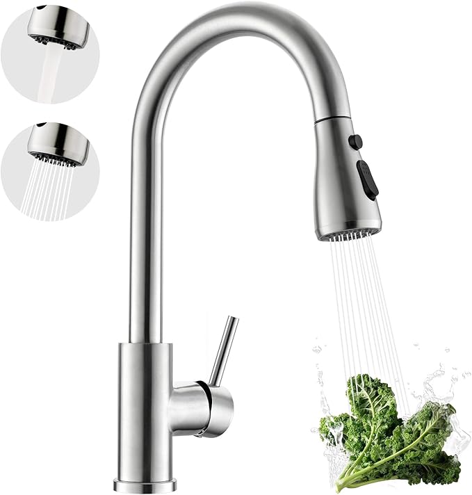 Kicimpro Kitchen Faucet with Pull Down Sprayer, Zero Leakage 3 Hole Brushed Nickel RV Kitchen Sink Faucet with Water Line, NSF Certified Lead-Free 304 Stainless Steel Pull Down Kitchen Faucet