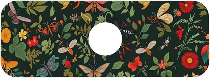 Butterfly Floral 15" X 5.5" Kitchen Sink Splash Guard, Faucet Guard Draining Mat, Faucet Suction Pad For Kitchen Bathroom