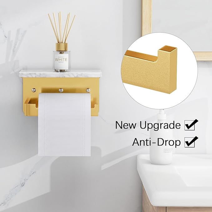 Toilet Paper Holder with Shelf, Extended Base Wall Mounted, Marble Toilet Roll Holder Black for Bathroom Washroom Gold