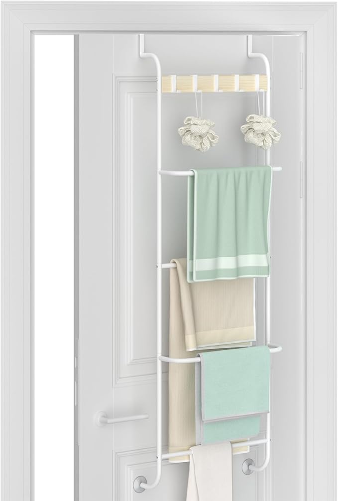 Over The Door Towel Rack, Back of Door Towel Rack, White Over The Door Hanger, Bathroom Behind Door Towel Holder with Hooks, Towel Bar Door Rack Hanger for Bedroom