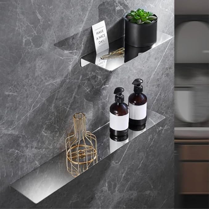16Inch Stainless Steel Wall Mounted Floating Shelf Drilling or Shelf Adhesive Modern Room Decor Wall Shelf Floating Shelf for Bathroom Bedroom Decor