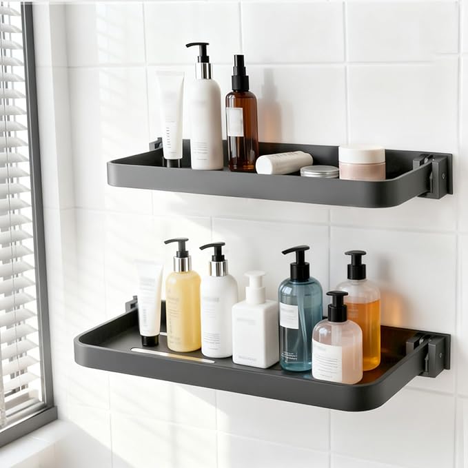 Aluminum RV Shelves, Wall-Mounted Foldable Shelf 90° Space-Saving Grey Floating Shelves for Bathroom Wall, No Drill Furniture for Motor Homes 1 Pack