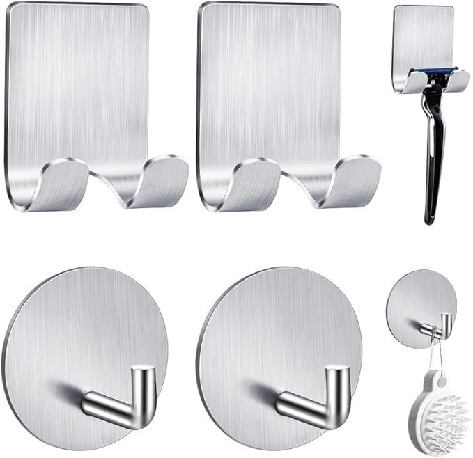 2-Pack Razor Holder For Shower + 2-Pack Adhesive Wall Hooks, 304 Stainless Steel Self Adhesive Shower Razor Holder And Waterproof Sticky Hooks For Bathroom Kitchen Organize Towels, Clothes, Hats