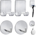 2-Pack Razor Holder For Shower + 2-Pack Adhesive Wall Hooks, 304 Stainless Steel Self Adhesive Shower Razor Holder And Waterproof Sticky Hooks For Bathroom Kitchen Organize Towels, Clothes, Hats