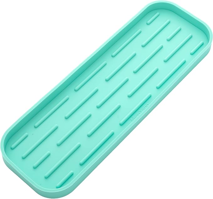 Silicone Kitchen Sink Organizer Tray for Multiple Usage,Eco-Friendly Sponges Holder for Kitchen Bathroom Counter or Sink,Dish Soap Dispenser,Scrubber,Bottle,Cup (Mint, 12"×4")