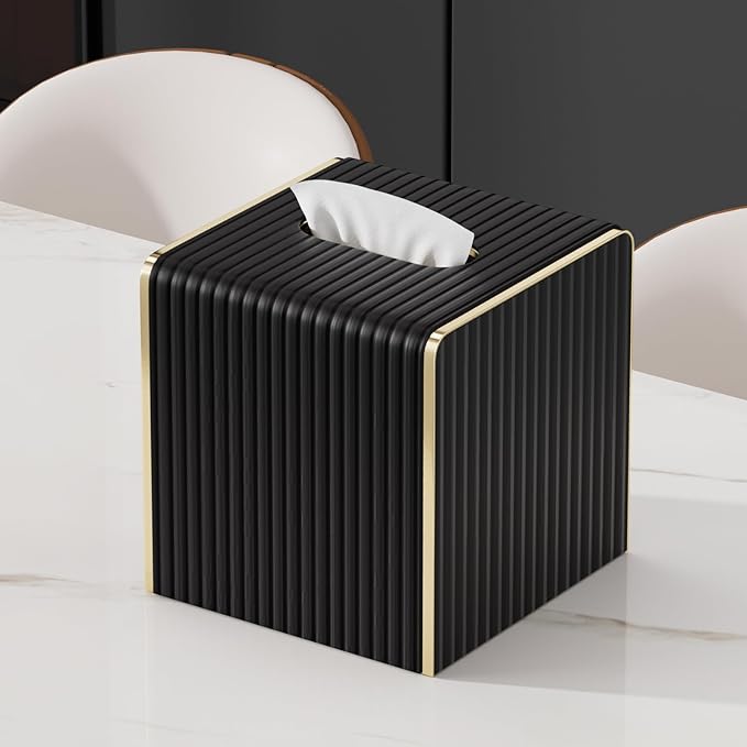 Tissue Box Cover,Black Square Luxury PU Leather Tissue Holder with Gold-Tone Edging Accents,Tissue Box Cover for Bathroom Toilet Bedroom Living Room Table Desk Office,Coffee Table Decor
