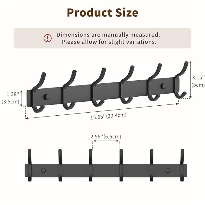 Black Coat Rack Wall Mount - 15 Inch Arc Shaped Design with 6 Hooks for Hanging Coats, Bags, and Towels in Entryway, Livingroom, Bedroom, Bathroom, and Kitchen, 2 Pack