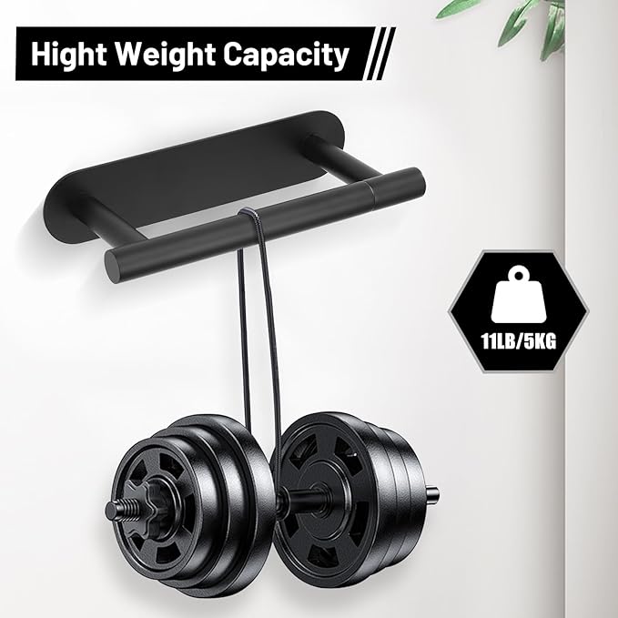 2 Pieces Self Adhesive Matte Black Toilet Paper Holder, Commercial Toilet Paper Dispenser Toilet Roll Holder, Double Base Paper Towel Holder Wall Mount No Drilling for Bathroom, Kitchen