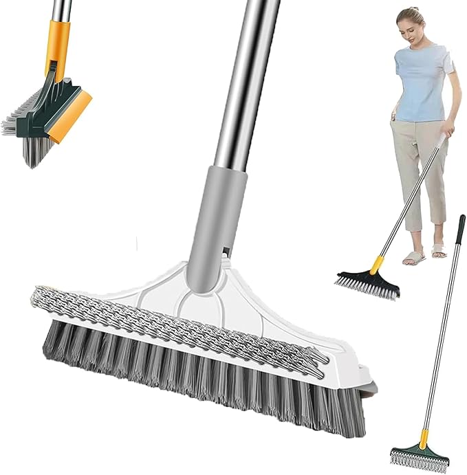 Bloame Cleaning Brush, 3 in 1 Floor Scrub Brush with Squeegee, 180° Rotating Long Handle Grout Crevice Brush, Heavy-Duty Soft Scraper for Cleaning Bathroom, Glass, Kitchen & Patio (White)