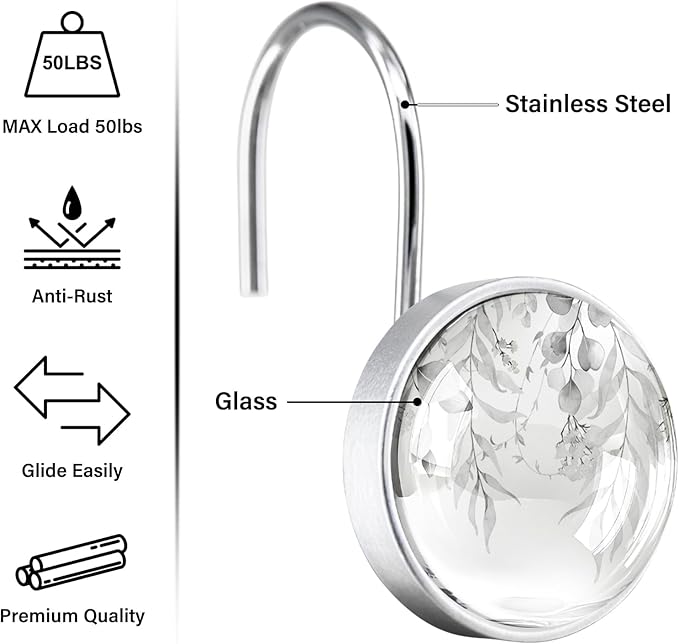 12 Pcs Round Grey Eucalyptus Decorative Shower Curtain Hooks - Rust Proof Glass Surface Stainless Steel Rings for Farmhouse Bathroom