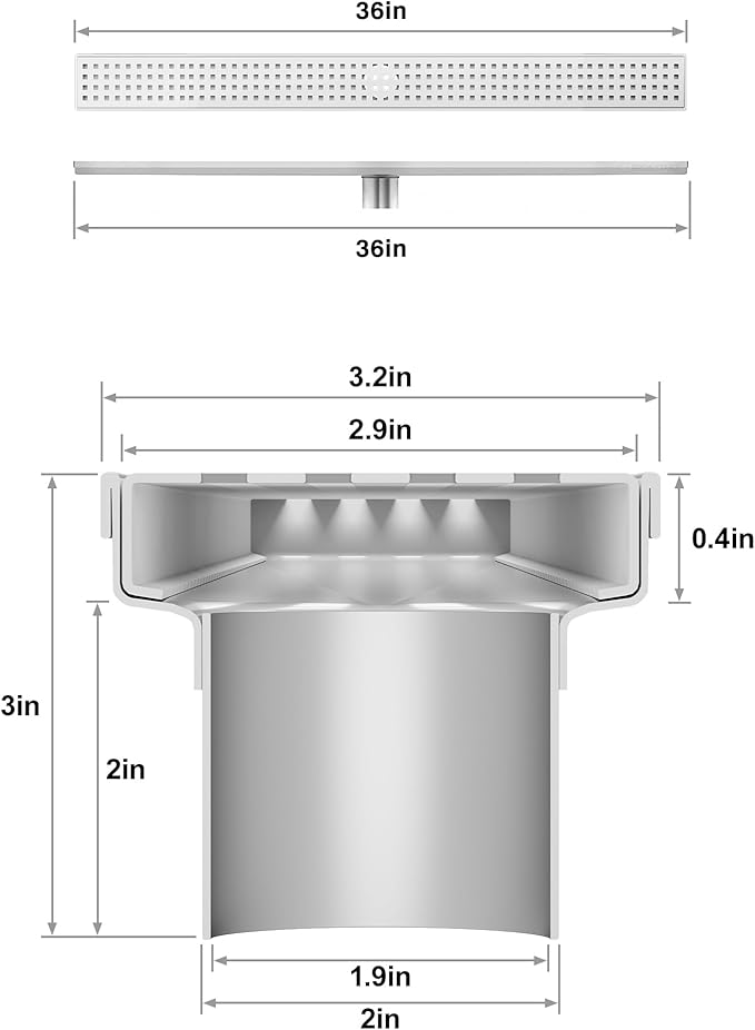 304 Stainless Steel Shower Drain, Removable Grate & Hair Catcher Bathroom Floor Drain with Waterproof Design for Tile Floor, CUPC Compliant (Punch, 36 Inch)