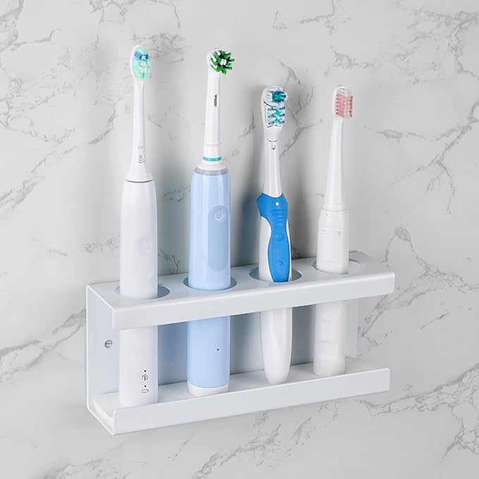 Wall Mounted Electric Toothbrush Holder, 4 Slots Stand with Diatomite Dish, Storage Rack Compatible with AquaSonic Black Series, Kingheroes Sonic, Oral-B (White)