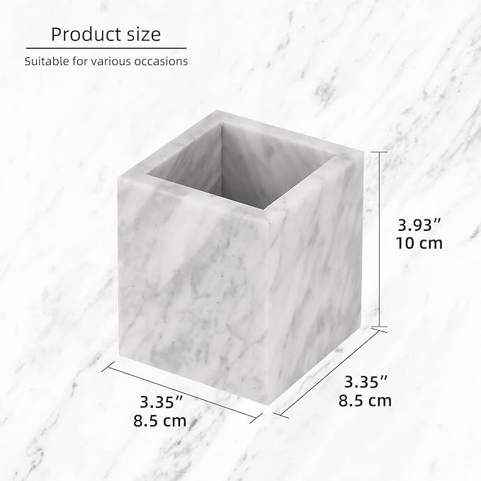 Natural Marble Toothbrush Holder for Bathroom Countertop (8.5x8.5x10cm) - Multifunctional Organizer for Makeup Brushes, Vanity Accessories & Utensils Sink(Carrara White)