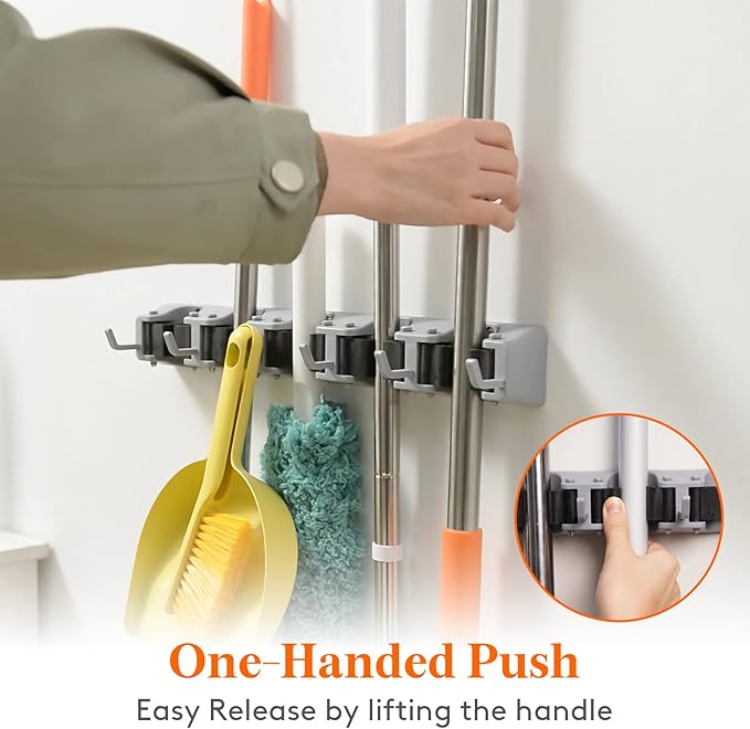Lifewit Mop and Broom Holder Wall Mount, Anti-Slip Broom Hanger for Kitchen Organization, Heavy Duty Cleaning Supplies Organizer, Easy Install Tool Organizer for Closet, Garage, 5 Slot 6 Hooks, Grey