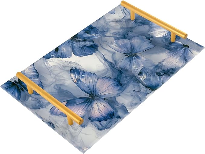 Blue Marble Butterfly Tie Dye Vanity Tray Acrylic Bathroom Countertop Tray Marbling Decorative for Kitchen Desk Organizer Makeup Storage Tray