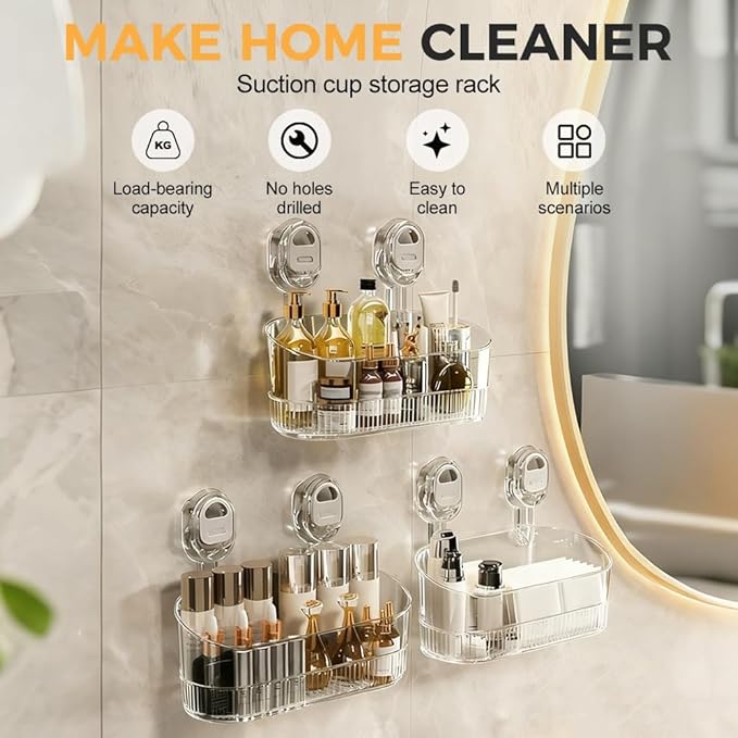 2026 New No-Drill Bathroom Suction Storage Box, Large Capacity Strong Load-Bearing Suction Cup Storage Rack with Drain Holes, Removable Shower Caddy Hanging Wall Mount Kitchen Organizer (2, Gold)