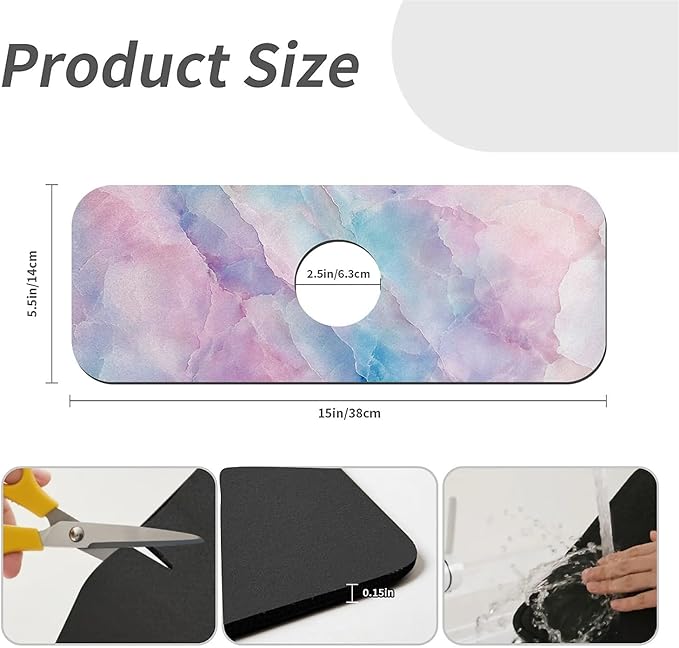 Kitchen Sink Splash Guard，Soft pastel colored marble Faucet Mat Sink Gadgets-Super Absorbent Fast Drying Mat Drip Catcher for Kitchen, Bathroom,Sink Mat, Dish Drying Mat, Bathroom(15" X 5.5" )