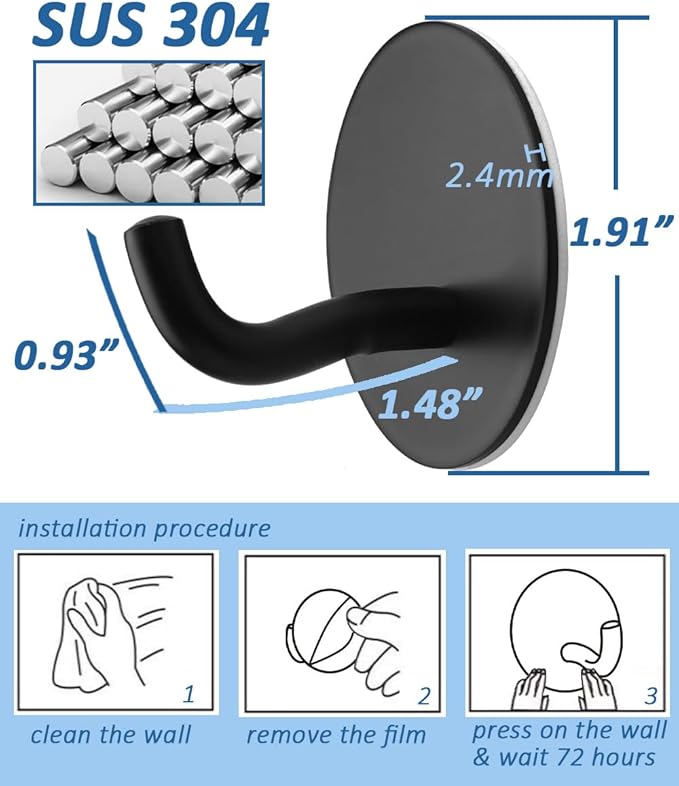 Matte Black Adhesive Towel Hooks 6 Pack Heavy Duty Wall Hooks for Hanging Robes, Loofah, Towels, Clothes Coat Hooks Stick on Bathroom or Kitchen Stainless Steel