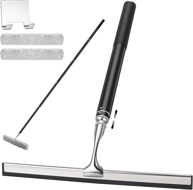 17'' - 62'' Metal Squeegee with Extension Pole for Window,Glass Door,Mirror, 12'' Wide Telescopic Shower Squeegee Cleaner with Long Handle (62'' Squeegee)