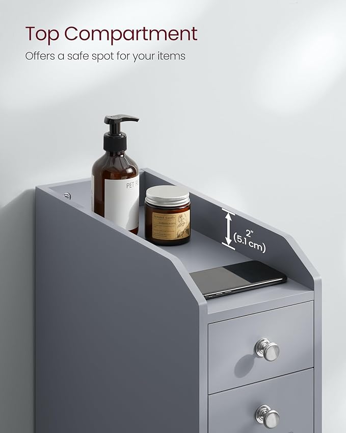 VASAGLE Slim Storage Cabinet, Narrow Storage Organizer with Slide Out Drawers, Freestanding Toilet Paper Holder, Small Space Skinny Cabinet for Bathroom Kitchen Corner, Dove Gray UBBC847G02
