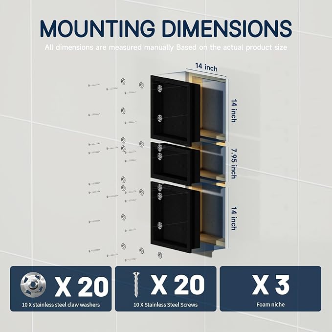 Homevacious Shower Niche Ready for Tile(14"x14"+14"x8"+14"x14") XPS Triple Waterproof Recessed Bathroom Wall Niche Shelf Insert Black Easy Installation and Bonding Friendly for Bathroom Storage