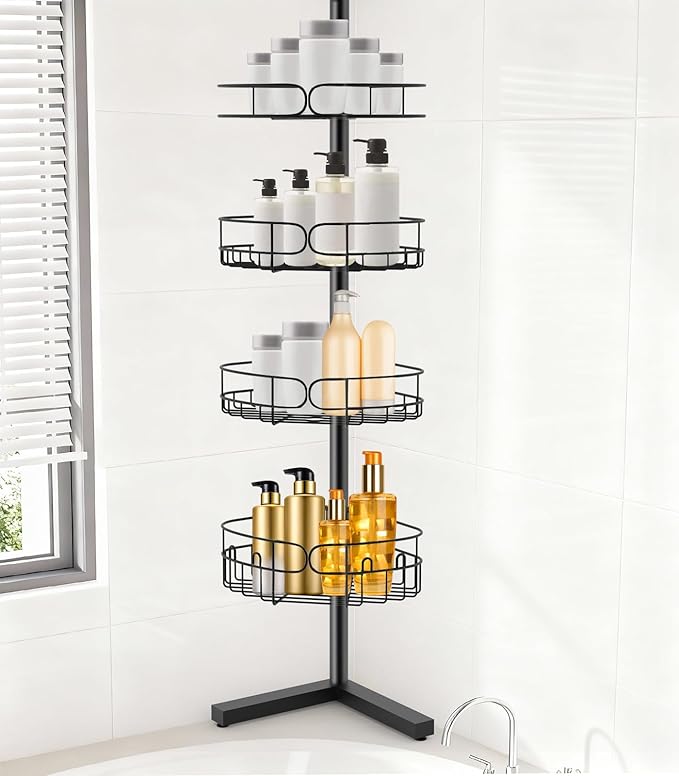 Corner Shower Caddy Tension Pole, Sturdy Rust-Resistant Shower Corner Shelf Organizer, Shower Organizer Corner Universal Fit for Any Bathroom Height