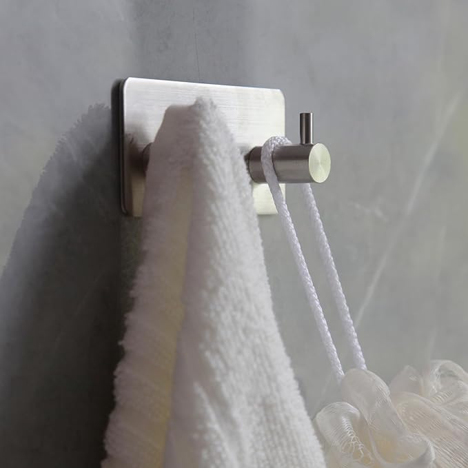 Self-Adhesive Brushed Nickel & Matte Black Towel Hooks - 2 Wall Mount Coat Hooks for Bathrooms & Showers