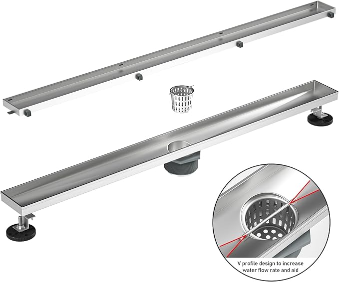 Linear Shower Drain 32" Brushed 304 Stainless Steel | Fast Drainage | Tile Inserted | Stainless Floor Drain Grate | Hair Strainer | Drain Key | The Upgrade for Your Bathroom