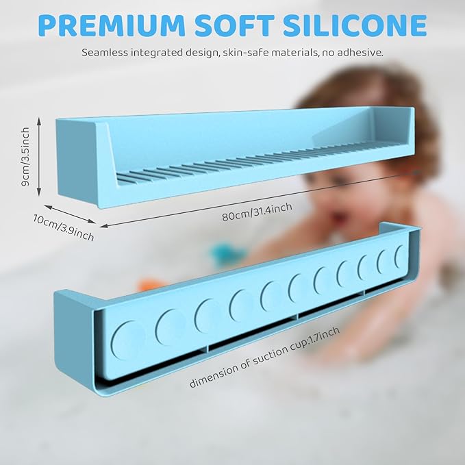 Bathtub Splash Guard for Tub Kids, Longer Silicone Water Splash Guard for Bathtub, Toy Holder Play Shelf for Bathtime，Silicone Tub Splash Guard Prevent Water Spills in Bathroom (Blue)