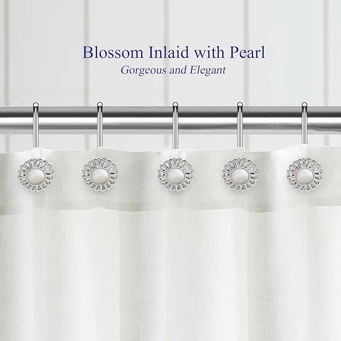 Silver Shower Curtain Hooks Rings, Decorative Shower Curtain Hangers, Heavy Duty Metal Shower Rings, Sunflower Shower Hooks for Shower Curtain Rod and Liner, Bathroom Curtain Hooks, Chrome, iToplin