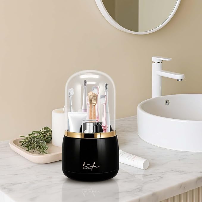 Toothbrush Holders with Cover, Dustproof 360 Rotating 7 Slots Toothpaste Holder for Bathroom Organizer Countertop, Makeup Brushes Organizer, Bathroom Accessories (Black)