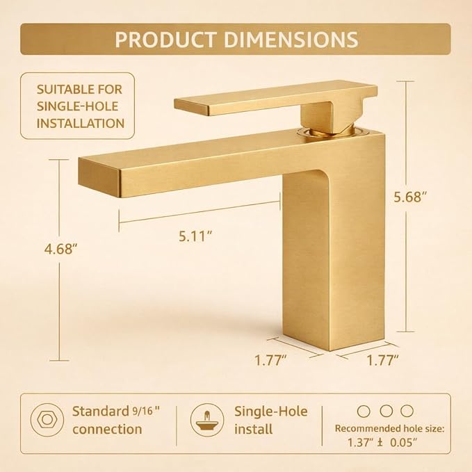 Single Hole Bathroom Faucet， Brushed Gold Brass Faucet for Bathroom Sink, CUPC Hose, Pop-Up Drain & Anti-Splash Bubbler， Easy-Install for Farmhouse, RV & Vanity