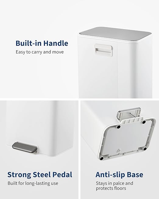 Garvee Space-Saving Bathroom Trash Can, 3.4 Gallon Small Trash Can with Soft-Close Lid, Foot Pedal & Removable Inner Bucket, Rectangular Stainless Steel Garbage Can for Home, Office, White