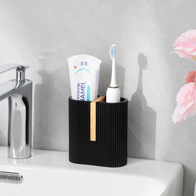 rejomiik Matte Black Toothbrush Holders Electric Toothbrush Holder for Bathrooms, Bamboo Tooth Brushing and Toothpaste Storage Organizer for Sink, Countertop