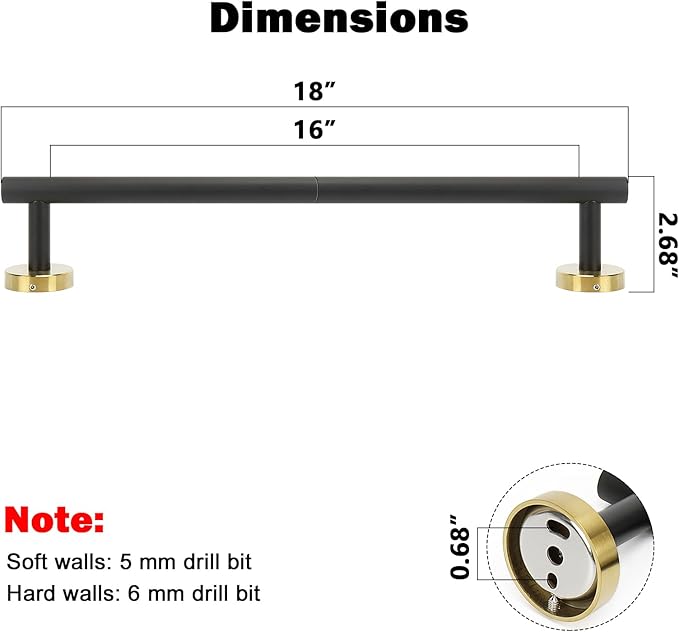 NearMoon Bath Towel Bar, Thicken Stainless Steel Shower Towel Rack Holder Wall Mounted for Bathroom, 18-lnch Overall Length-16-lnch Usable Hanging Space (1 Pack, Matte Black & Gold)